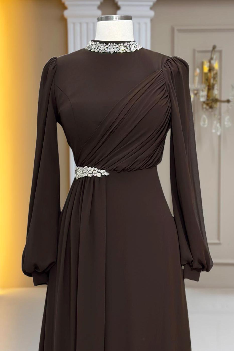 Tesettür giyim KAHVE TAŞ DETAYLI ŞİFON ABİYE ELBİSE T 6363
