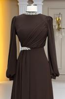 Tesettür giyim KAHVE TAŞ DETAYLI ŞİFON ABİYE ELBİSE T 6363