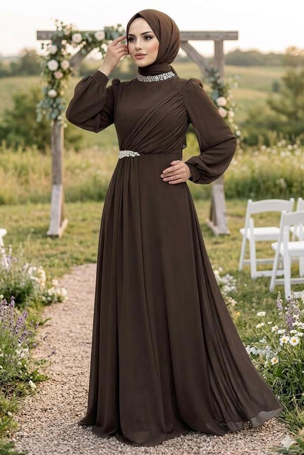 Hijab clothing BROWN CHIFFON EVENING DRESS T 6363 - TRENDTESETTÜR
