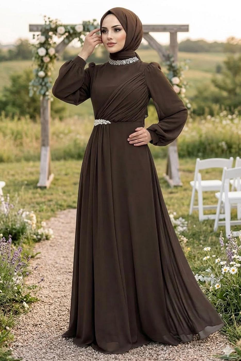 Tesettür giyim KAHVE TAŞ DETAYLI ŞİFON ABİYE ELBİSE T 6363