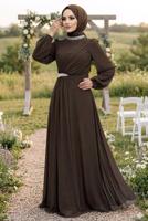 Tesettür giyim KAHVE TAŞ DETAYLI ŞİFON ABİYE ELBİSE T 6363