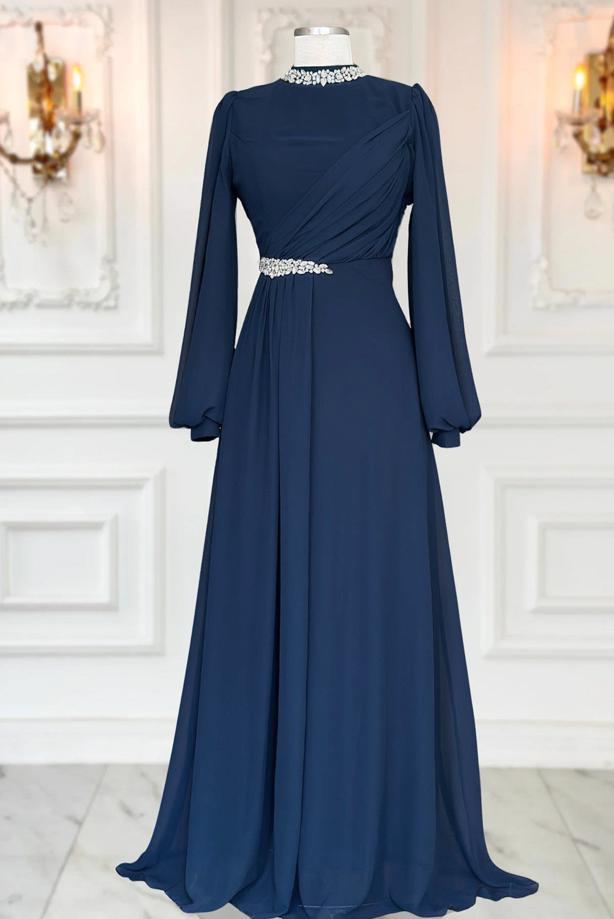 Tesettür giyim  TAŞ DETAYLI ŞİFON ABİYE ELBİSE T 6363