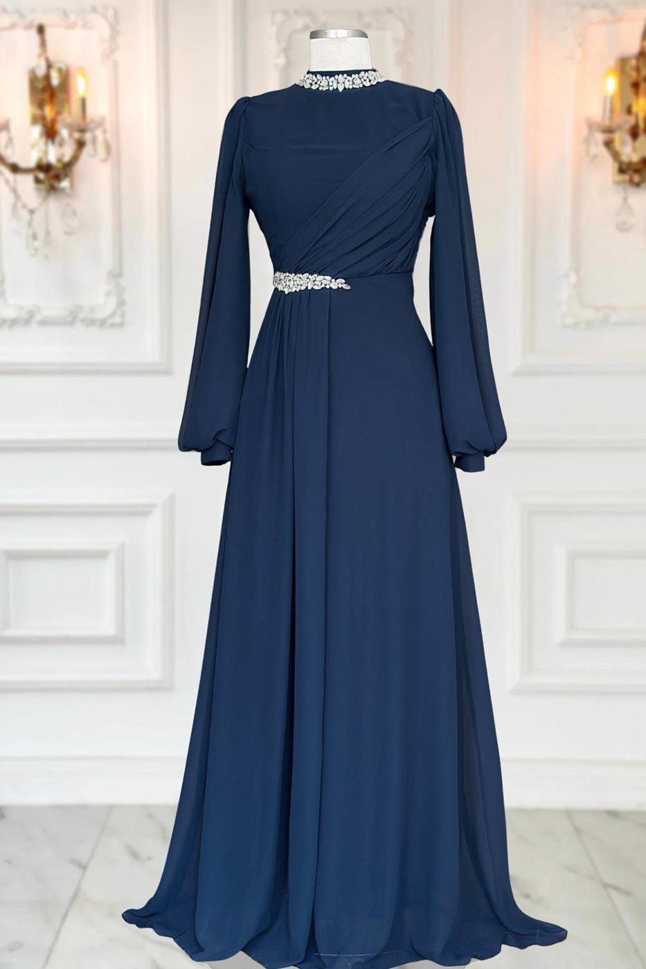 Tesettür giyim LACİVERT TAŞ DETAYLI ŞİFON ABİYE ELBİSE T 6363