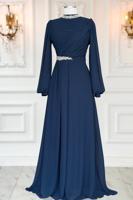 Tesettür giyim LACİVERT TAŞ DETAYLI ŞİFON ABİYE ELBİSE T 6363