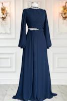 Tesettür giyim LACİVERT TAŞ DETAYLI ŞİFON ABİYE ELBİSE T 6363