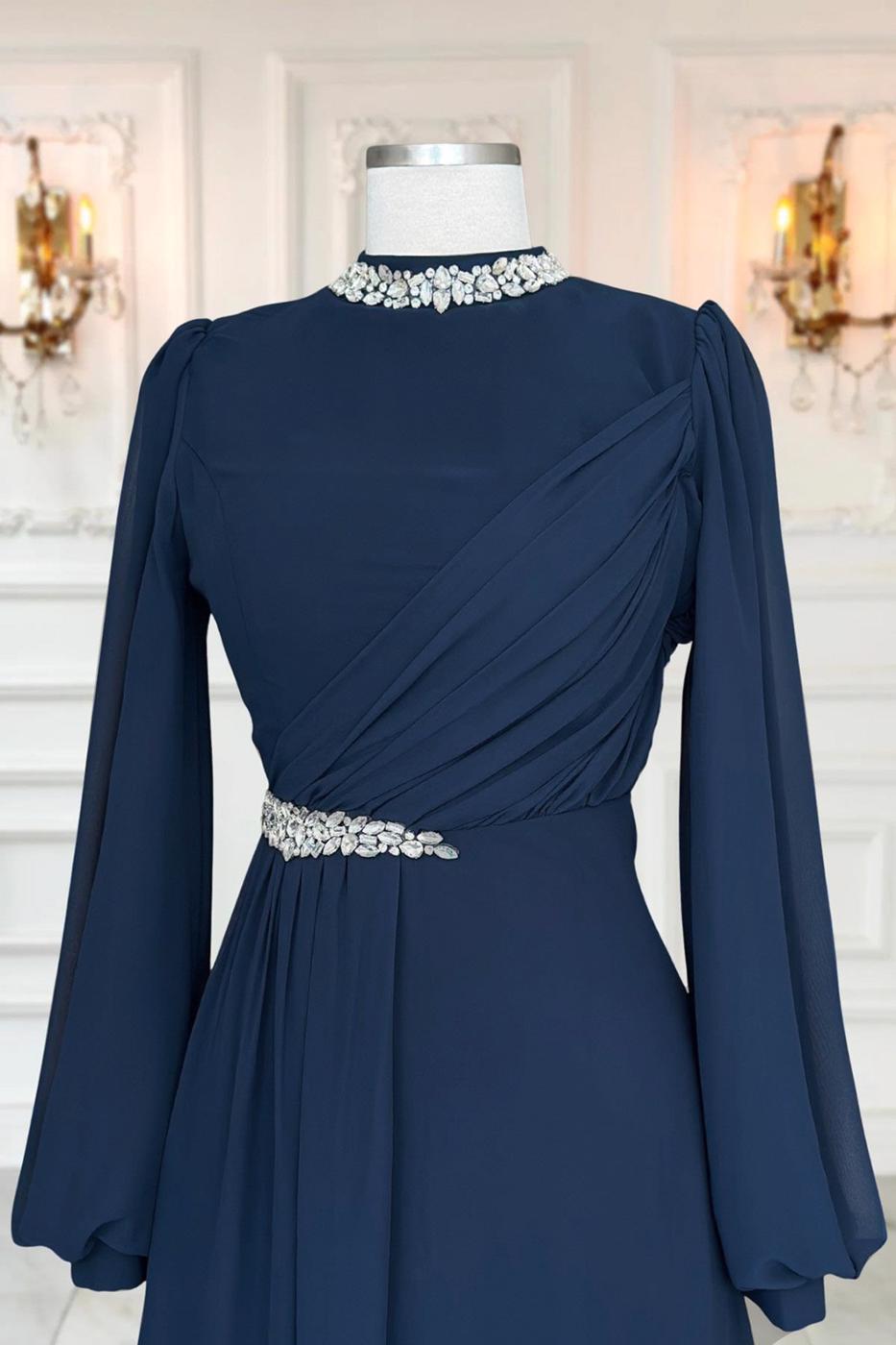 Tesettür giyim LACİVERT TAŞ DETAYLI ŞİFON ABİYE ELBİSE T 6363