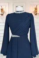 Tesettür giyim LACİVERT TAŞ DETAYLI ŞİFON ABİYE ELBİSE T 6363