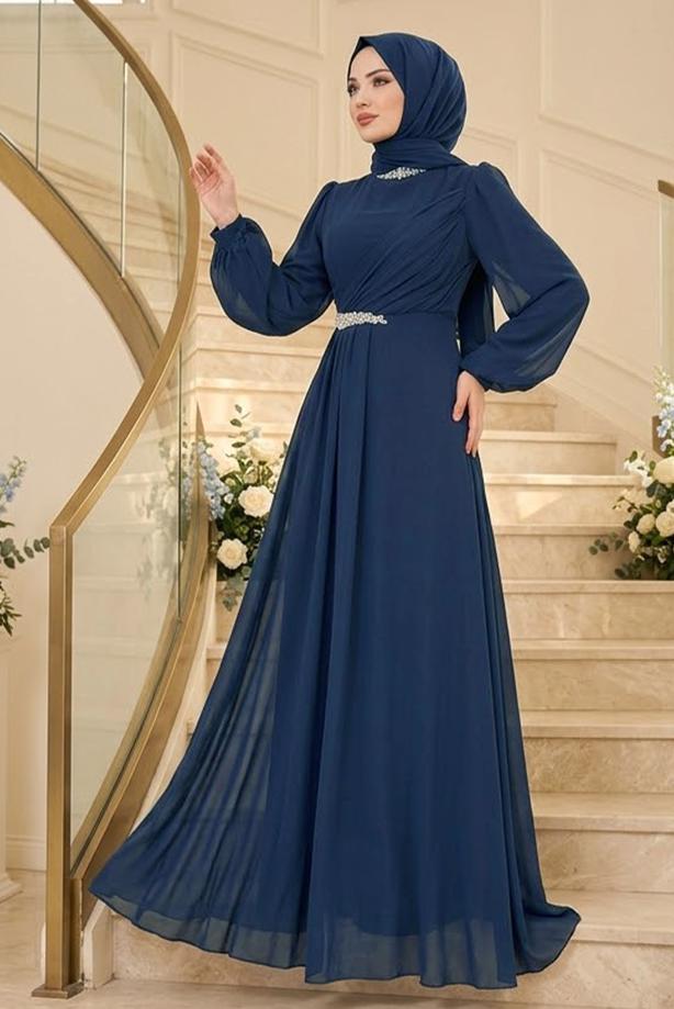 Hijab clothing NAVY BLUE CHIFFON EVENING DRESS T 6363 - TRENDTESETTÜR