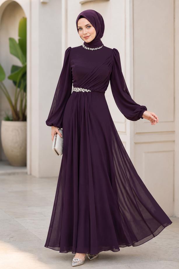 Hijab clothing PLUM CHIFFON EVENING DRESS T 6363 - TRENDTESETTÜR