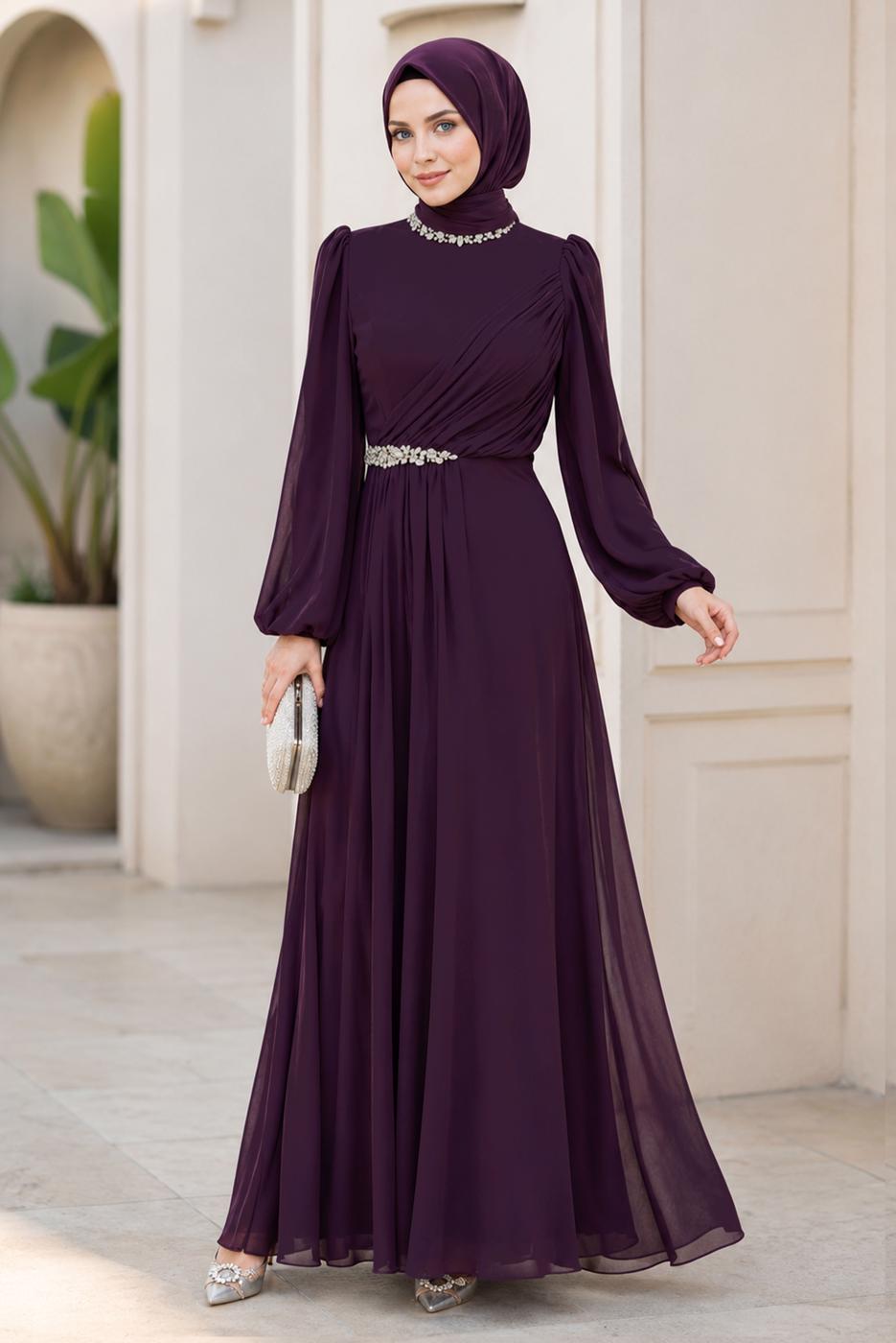 Hijab clothing PLUM CHIFFON EVENING DRESS T 6363
