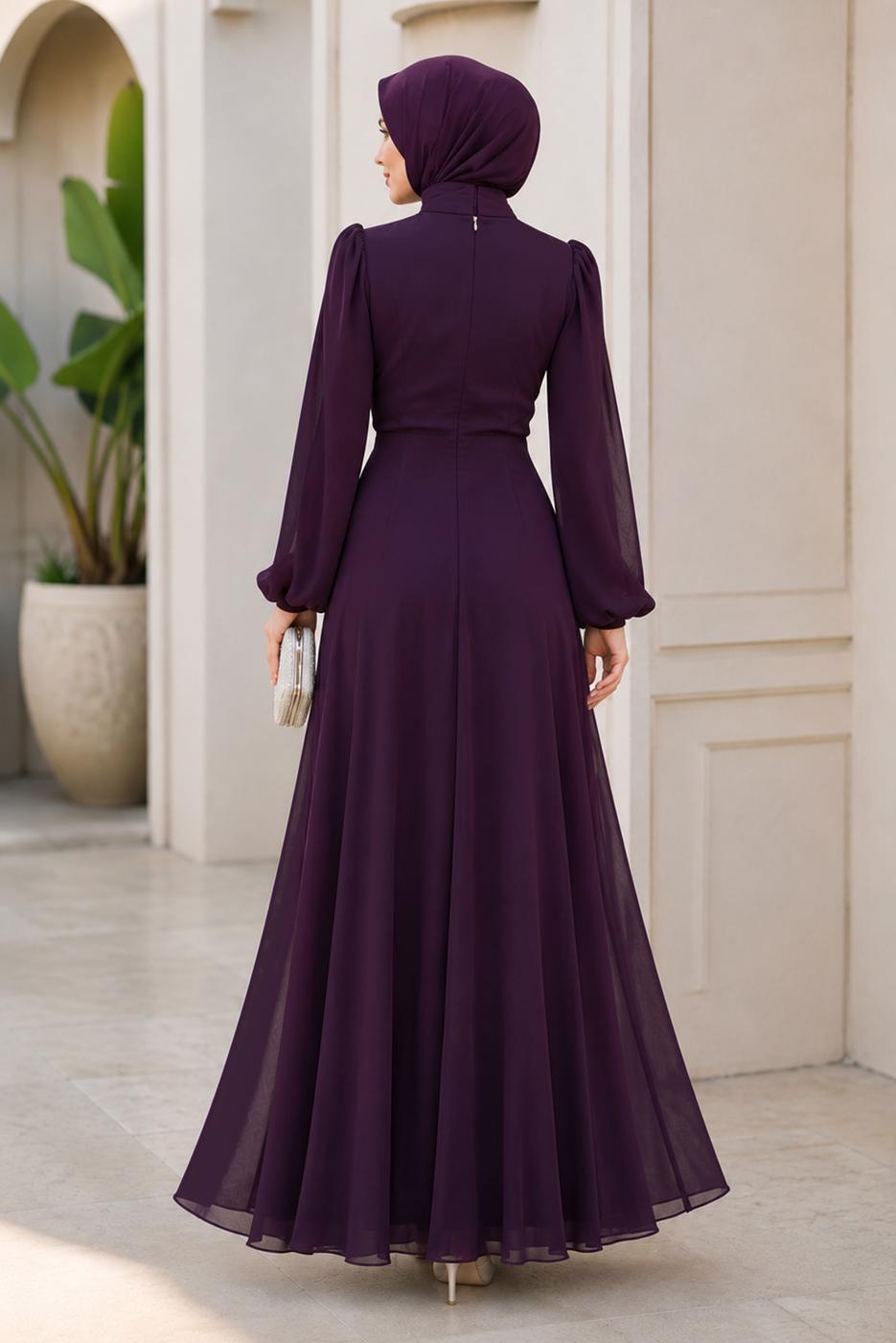 Hijab clothing PLUM CHIFFON EVENING DRESS T 6363