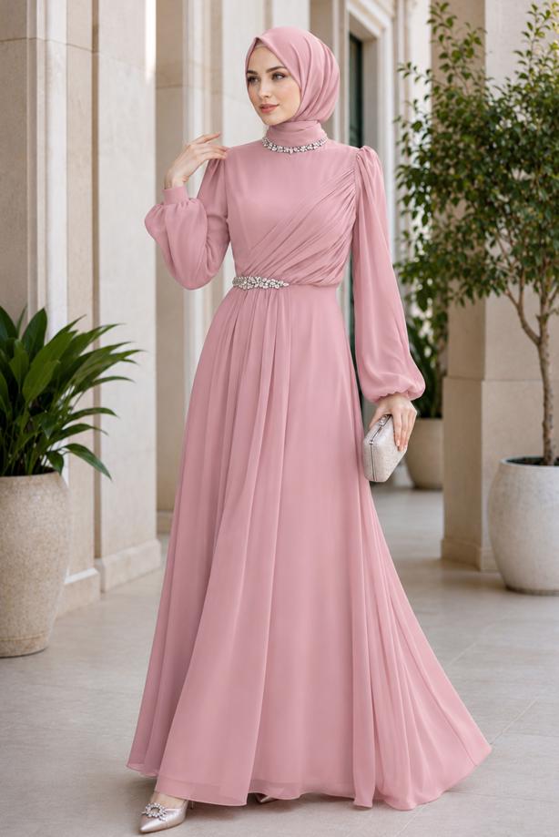 Hijab clothing POWDER CHIFFON EVENING DRESS T 6363 - TRENDTESETTÜR