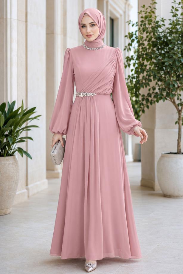 Hijab clothing POWDER CHIFFON EVENING DRESS T 6363 - TRENDTESETTÜR