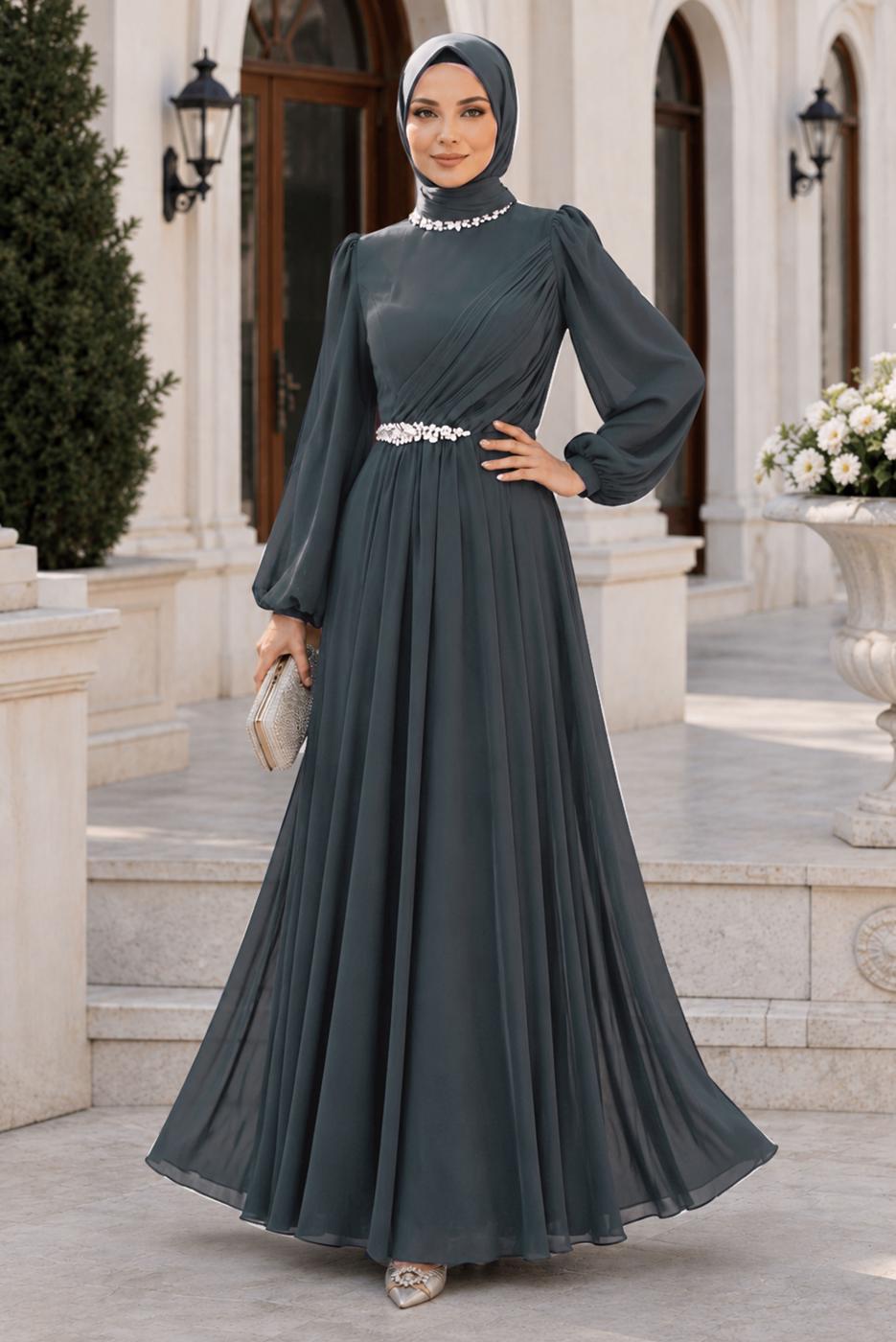 Tesettür giyim GRİ TAŞ DETAYLI ŞİFON ABİYE ELBİSE T 6363