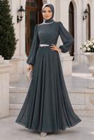 Tesettür giyim GRİ TAŞ DETAYLI ŞİFON ABİYE ELBİSE T 6363