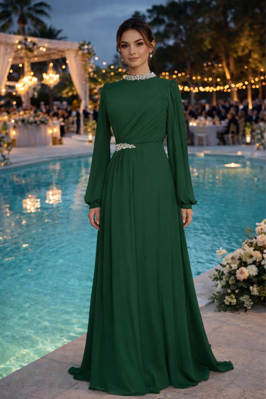 Tesettür giyim YEŞİL TAŞ DETAYLI ŞİFON ABİYE ELBİSE T 6363