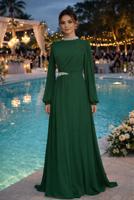 Tesettür giyim YEŞİL TAŞ DETAYLI ŞİFON ABİYE ELBİSE T 6363