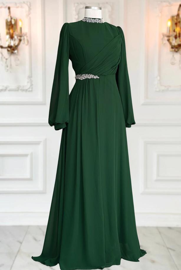 Tesettür giyim YEŞİL TAŞ DETAYLI ŞİFON ABİYE ELBİSE T 6363 - TRENDTESETTÜR