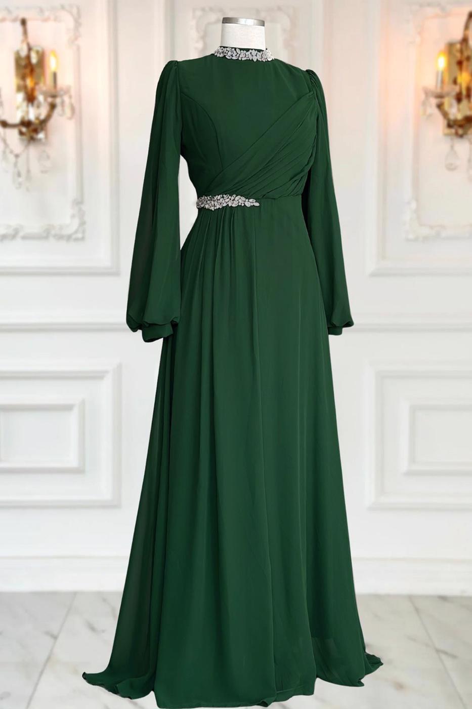 Tesettür giyim YEŞİL TAŞ DETAYLI ŞİFON ABİYE ELBİSE T 6363