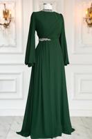 Tesettür giyim YEŞİL TAŞ DETAYLI ŞİFON ABİYE ELBİSE T 6363