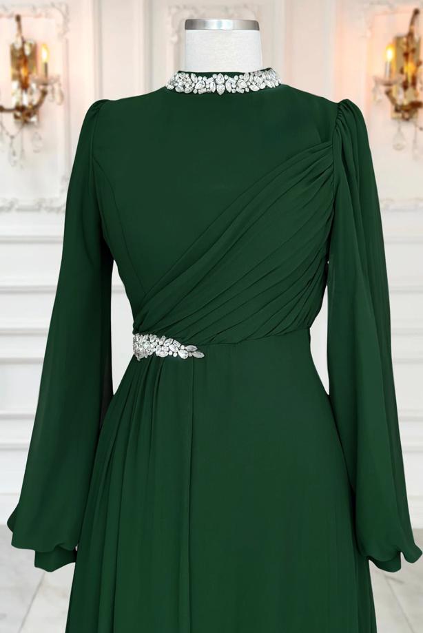 Tesettür giyim YEŞİL TAŞ DETAYLI ŞİFON ABİYE ELBİSE T 6363 - TRENDTESETTÜR