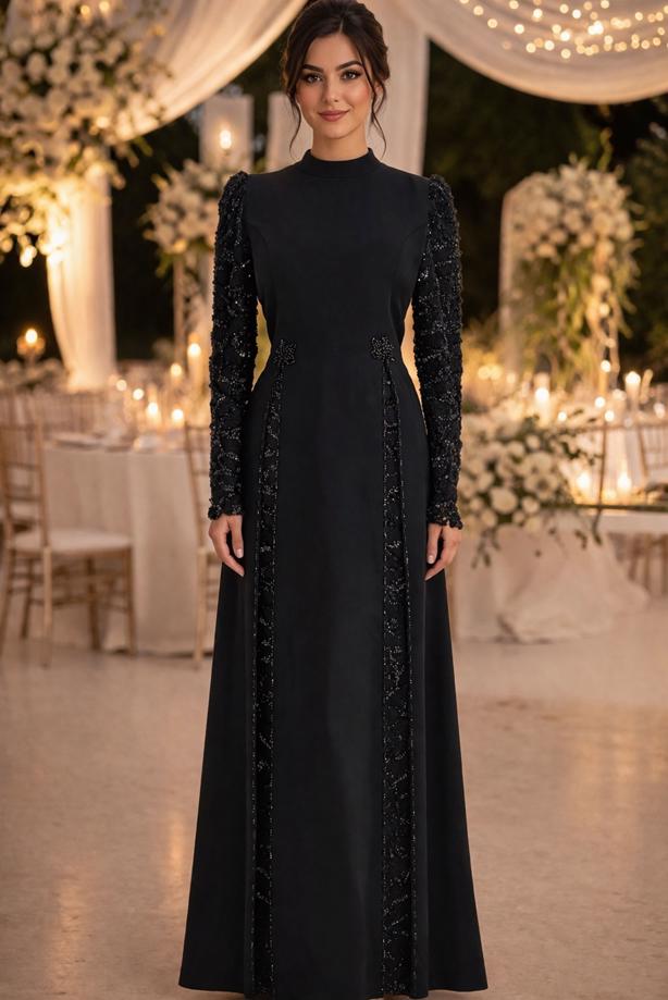 Tesettür giyim SİYAH PUL PAYETLİ ABİYE ELBİSE T 6463 - TRENDTESETTÜR