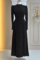 Tesettür giyim SİYAH PUL PAYETLİ ABİYE ELBİSE T 6463