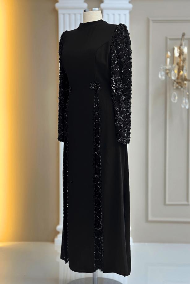 Tesettür giyim SİYAH PUL PAYETLİ ABİYE ELBİSE T 6463 - TRENDTESETTÜR