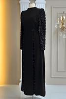 Tesettür giyim SİYAH PUL PAYETLİ ABİYE ELBİSE T 6463