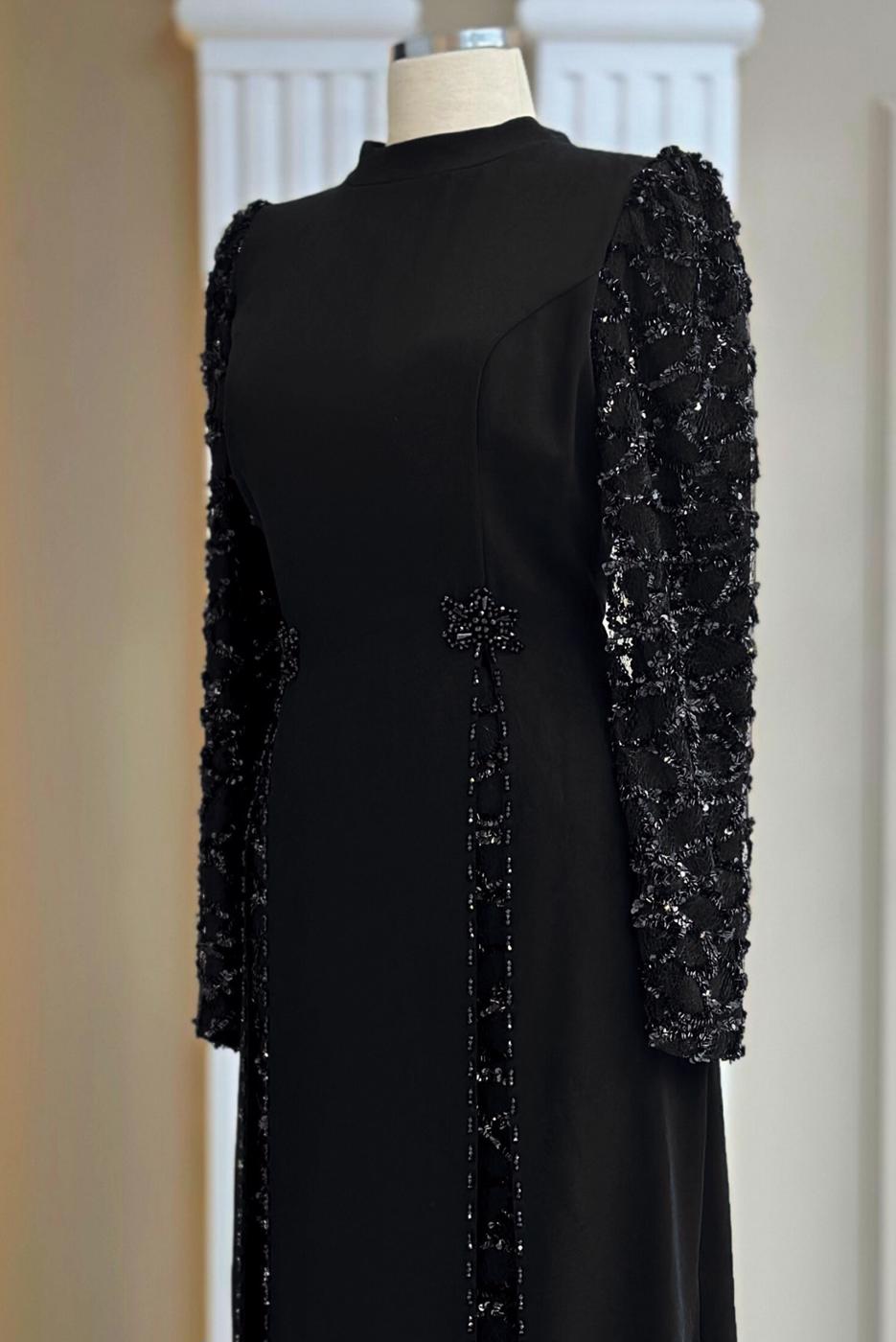 Tesettür giyim SİYAH PUL PAYETLİ ABİYE ELBİSE T 6463