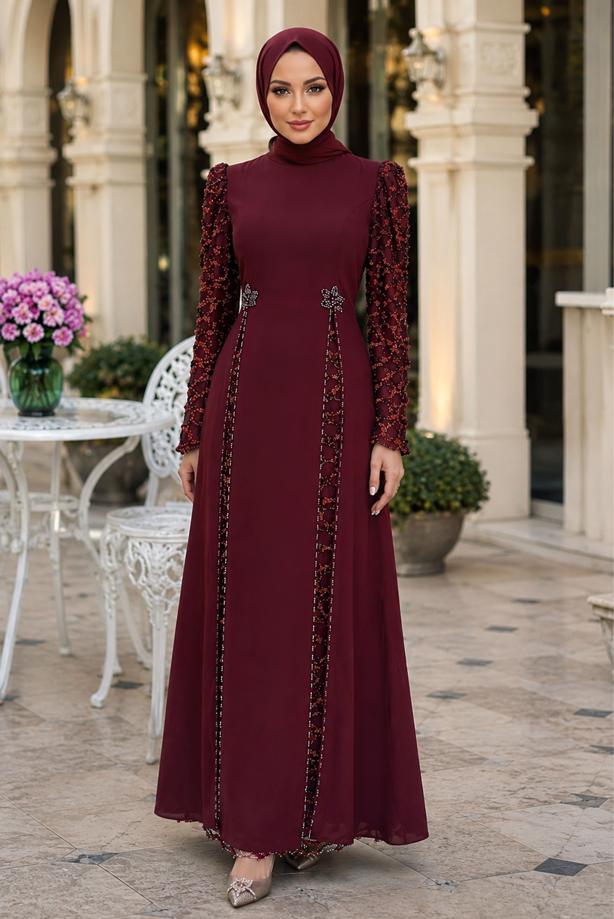 Tesettür giyim BORDO PUL PAYETLİ ABİYE ELBİSE T 6463 - TRENDTESETTÜR