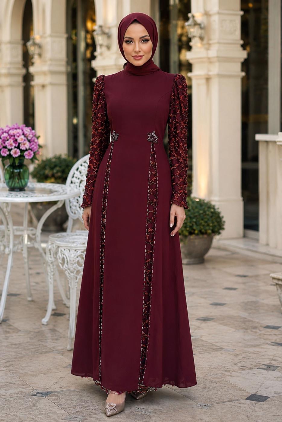 Tesettür giyim BORDO PUL PAYETLİ ABİYE ELBİSE T 6463