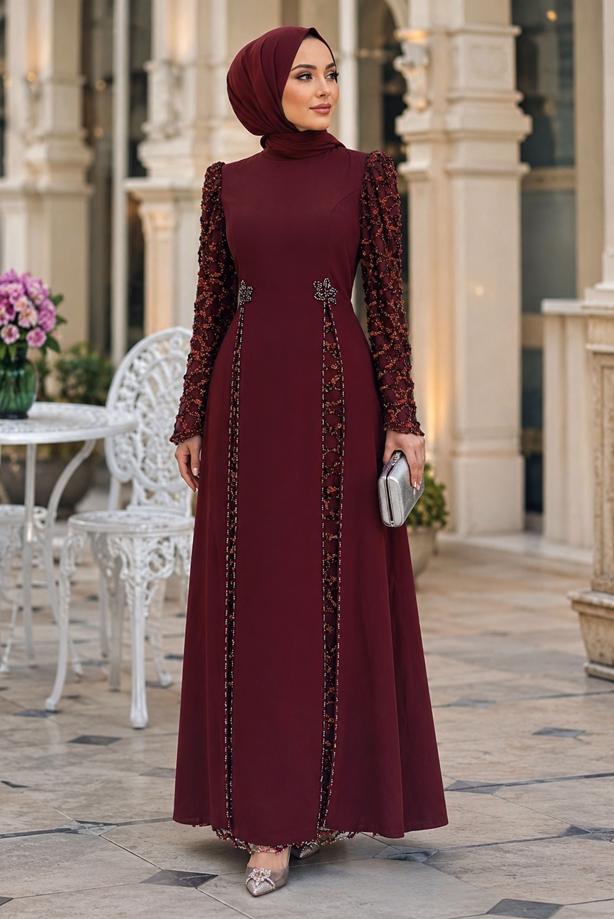 Tesettür giyim BORDO PUL PAYETLİ ABİYE ELBİSE T 6463 - TRENDTESETTÜR