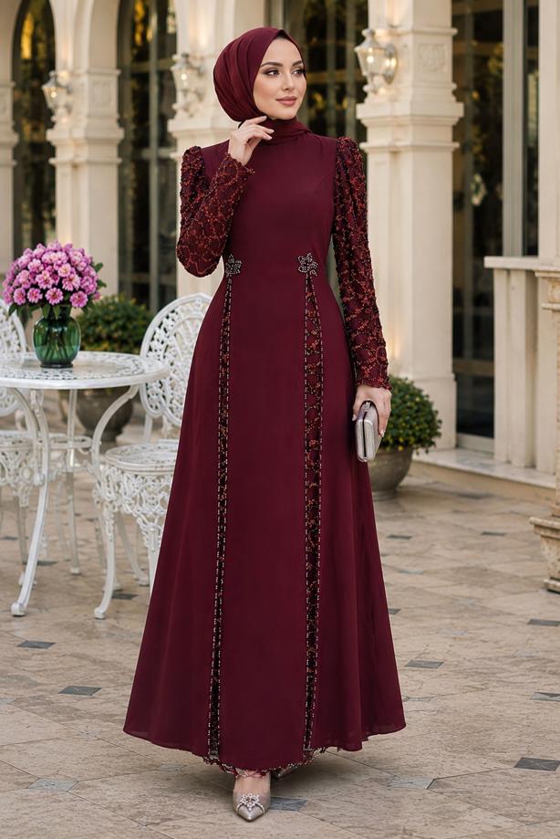 Tesettür giyim BORDO PUL PAYETLİ ABİYE ELBİSE T 6463 - TRENDTESETTÜR