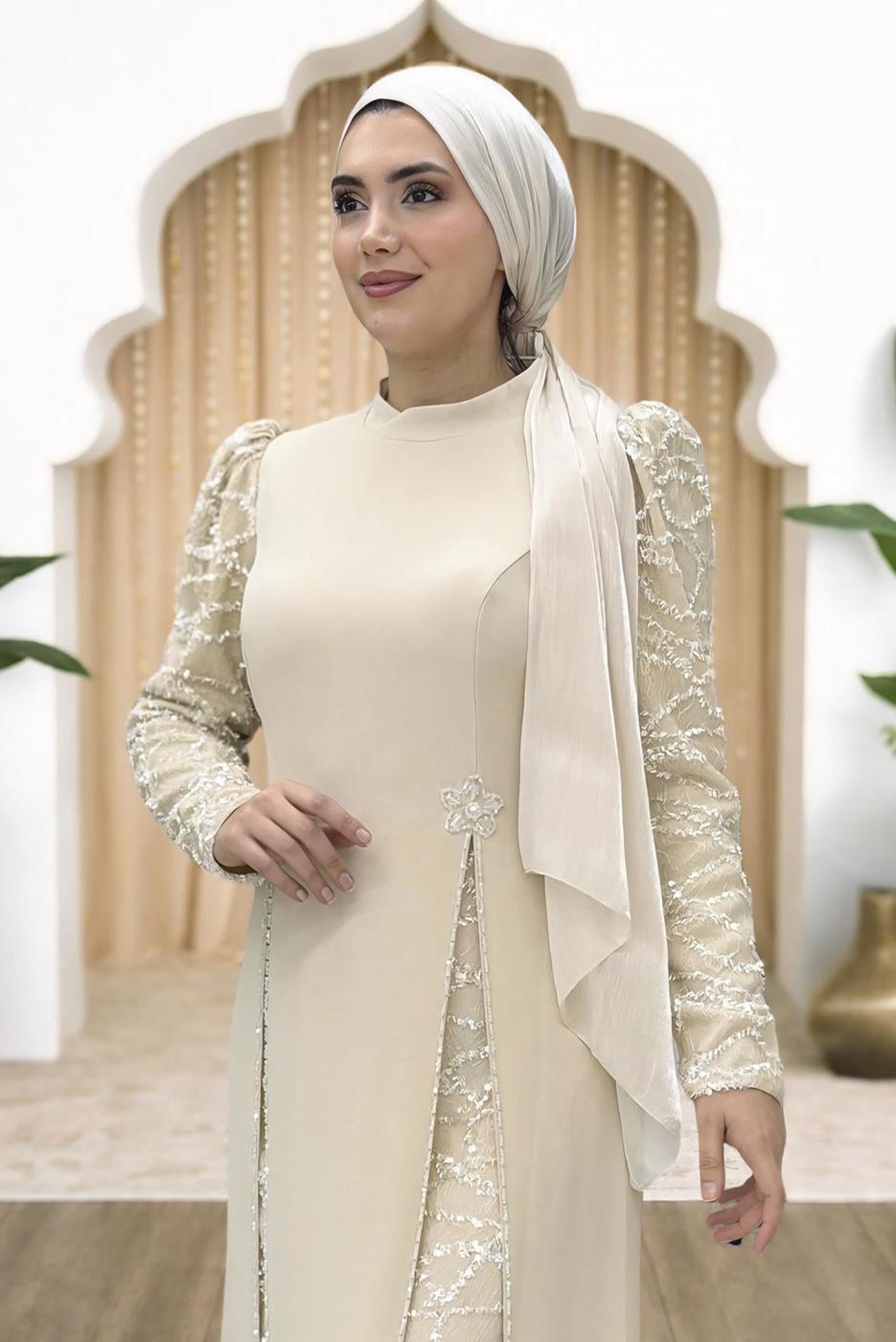Tesettür giyim EKRU PUL PAYETLİ ABİYE ELBİSE T 6463
