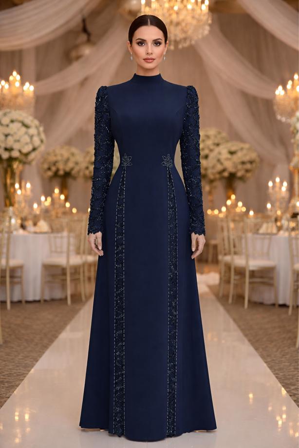 Tesettür giyim LACİVERT PUL PAYETLİ ABİYE ELBİSE T 6463 - TRENDTESETTÜR