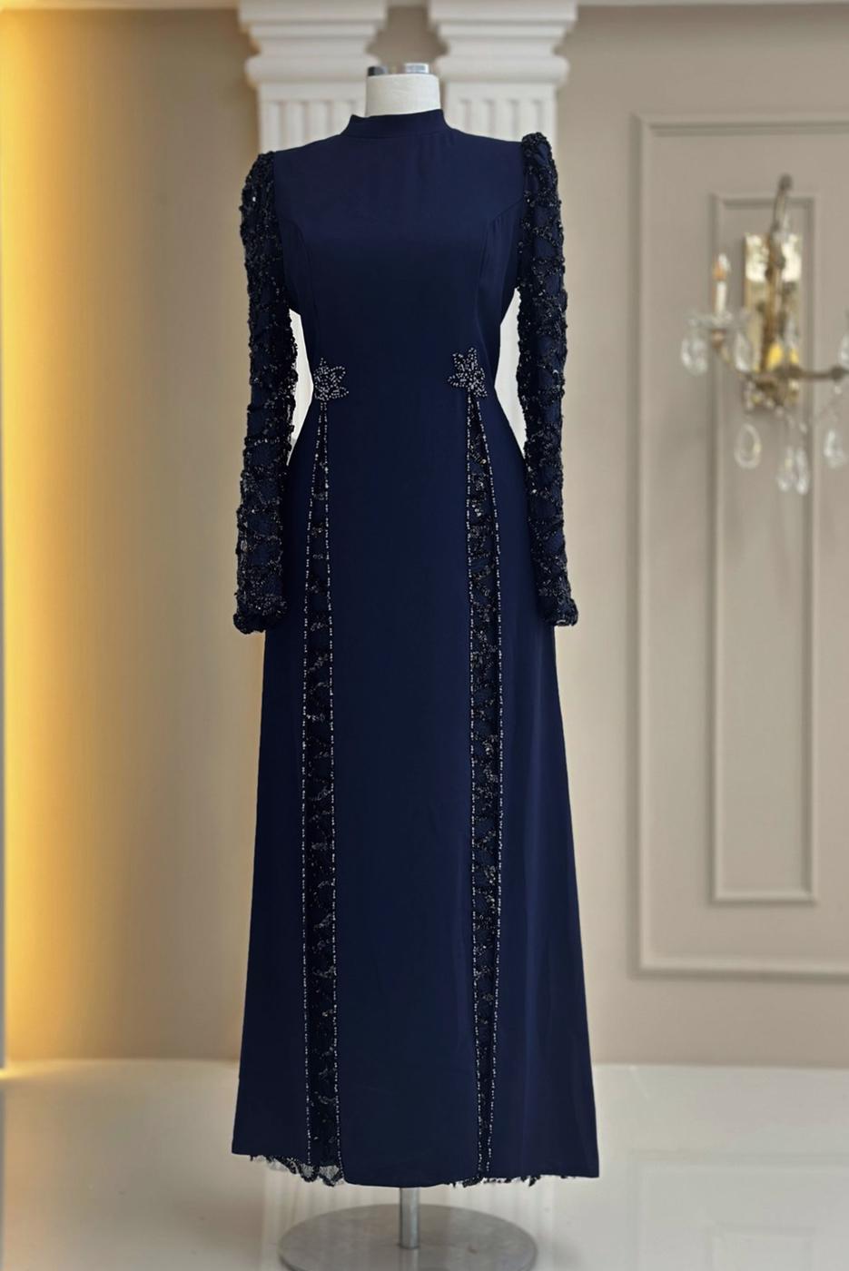 Tesettür giyim LACİVERT PUL PAYETLİ ABİYE ELBİSE T 6463