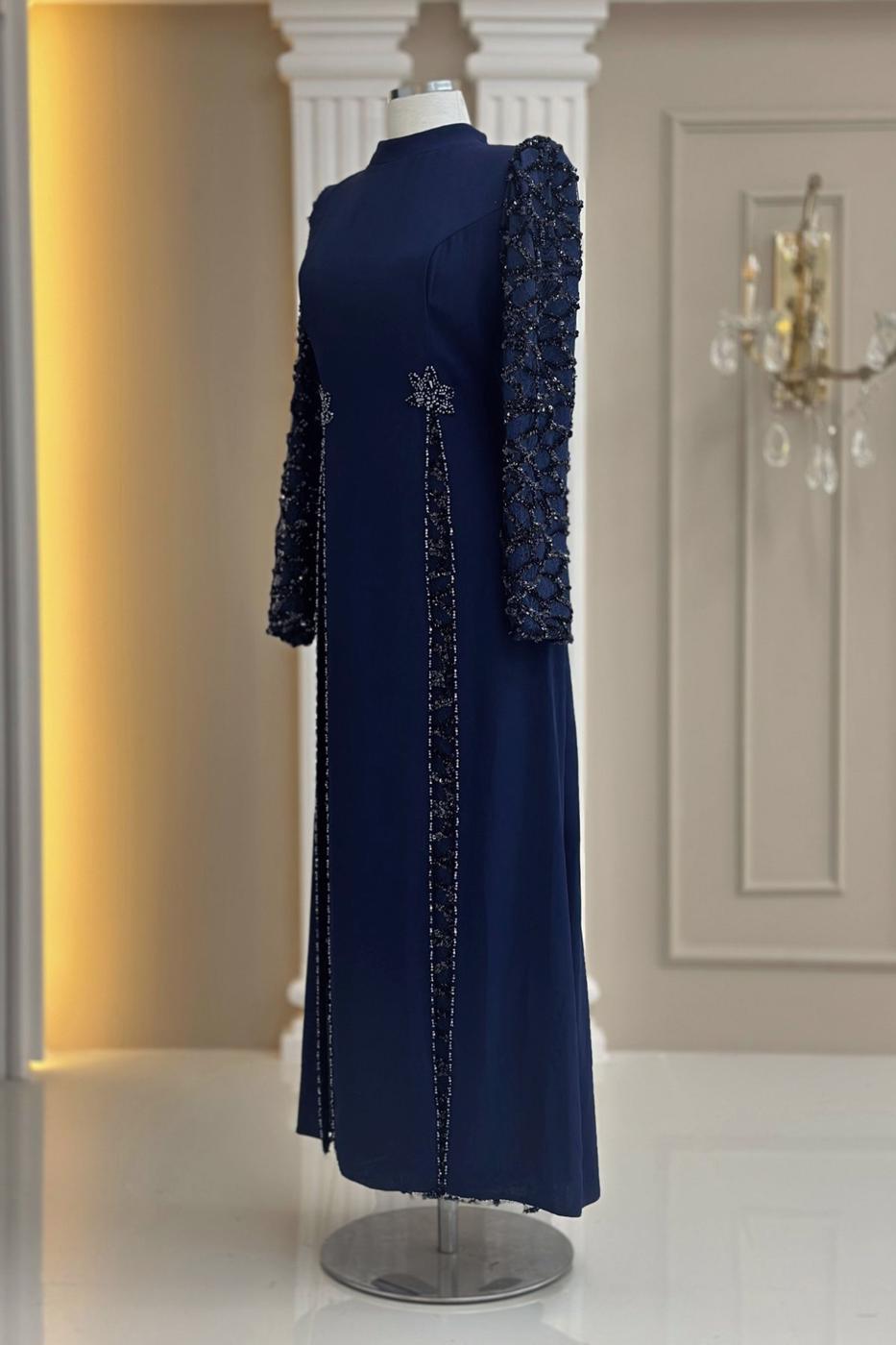 Tesettür giyim LACİVERT PUL PAYETLİ ABİYE ELBİSE T 6463