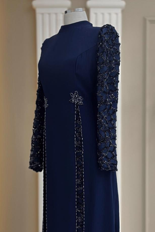 Tesettür giyim LACİVERT PUL PAYETLİ ABİYE ELBİSE T 6463 - TRENDTESETTÜR