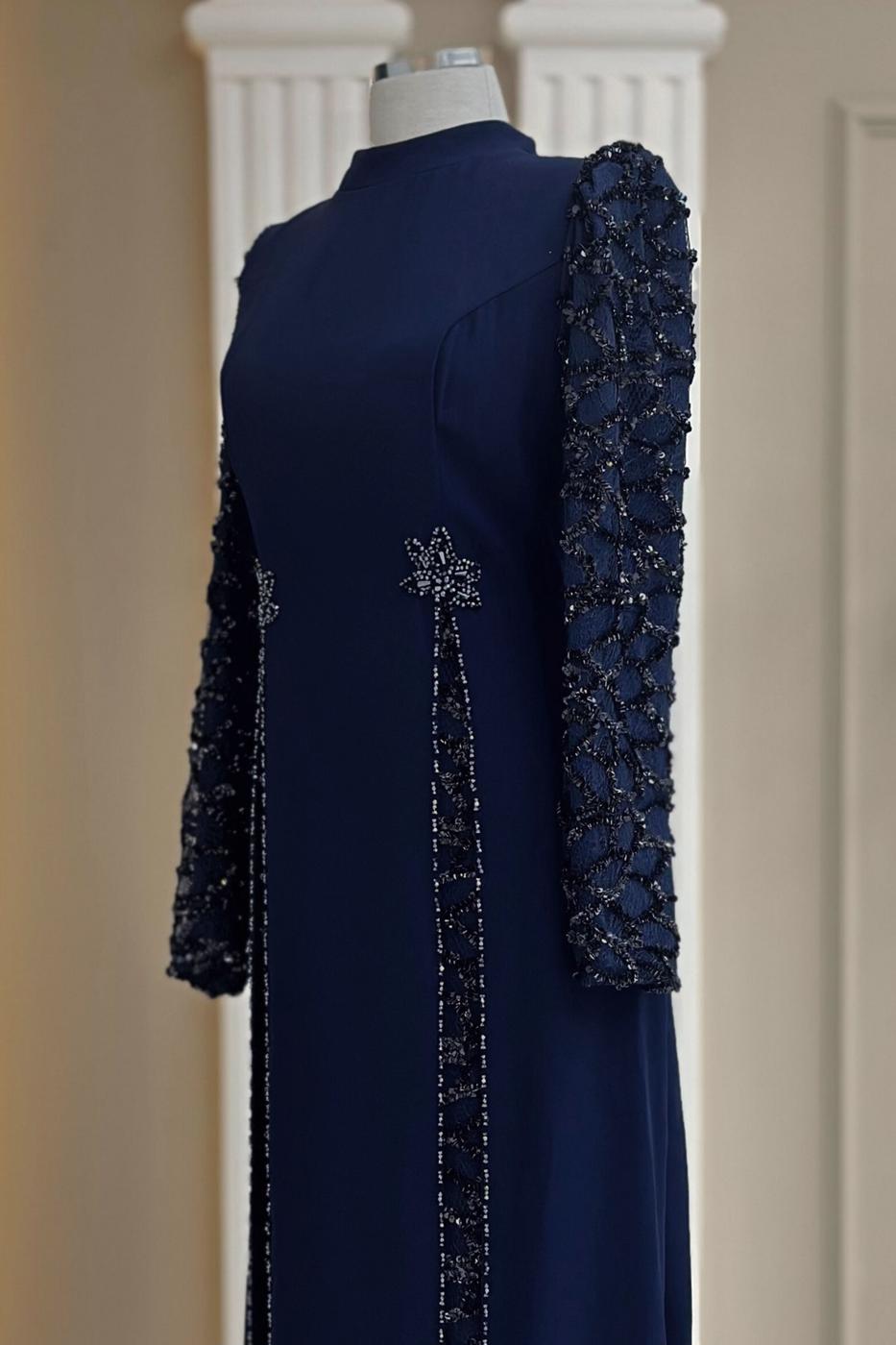 Tesettür giyim LACİVERT PUL PAYETLİ ABİYE ELBİSE T 6463