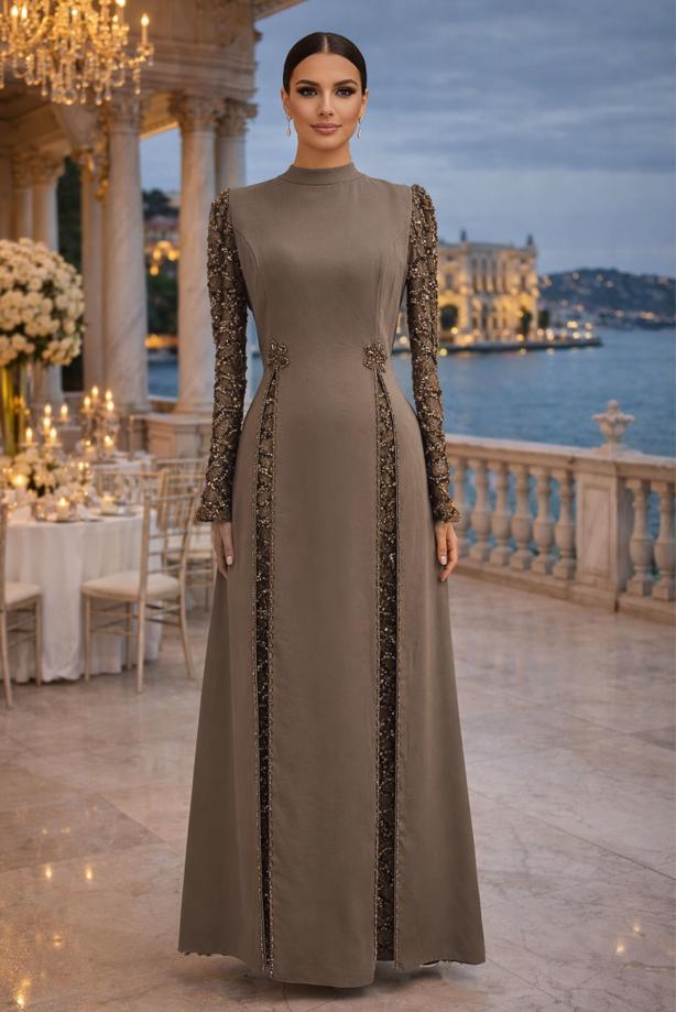 Tesettür giyim VİZON PUL PAYETLİ ABİYE ELBİSE T 6463 - TRENDTESETTÜR