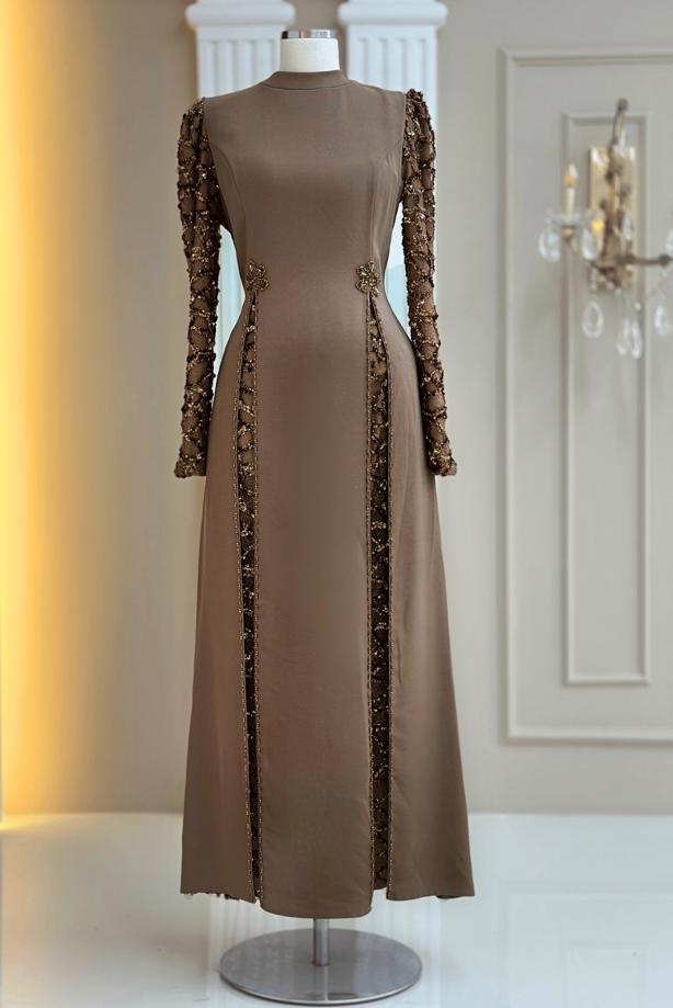 Tesettür giyim VİZON PUL PAYETLİ ABİYE ELBİSE T 6463 - TRENDTESETTÜR