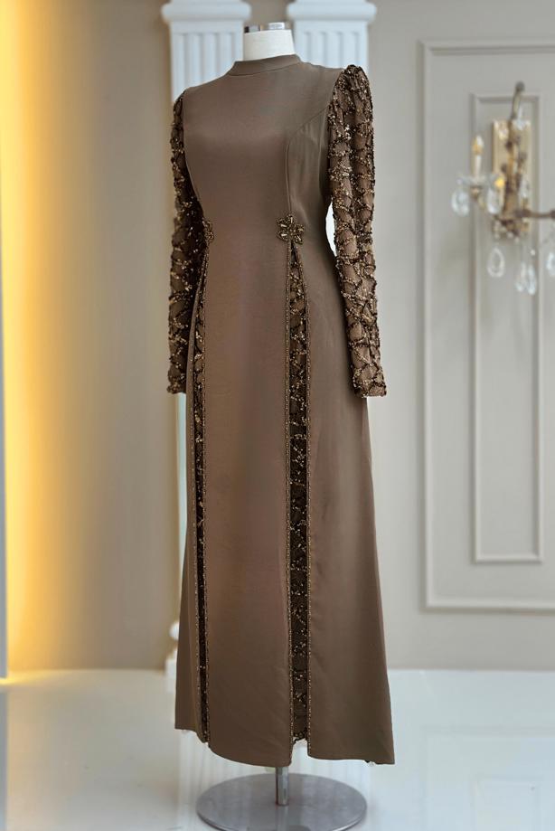 Tesettür giyim VİZON PUL PAYETLİ ABİYE ELBİSE T 6463 - TRENDTESETTÜR