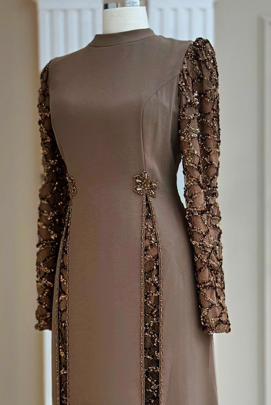 Tesettür giyim VİZON PUL PAYETLİ ABİYE ELBİSE T 6463