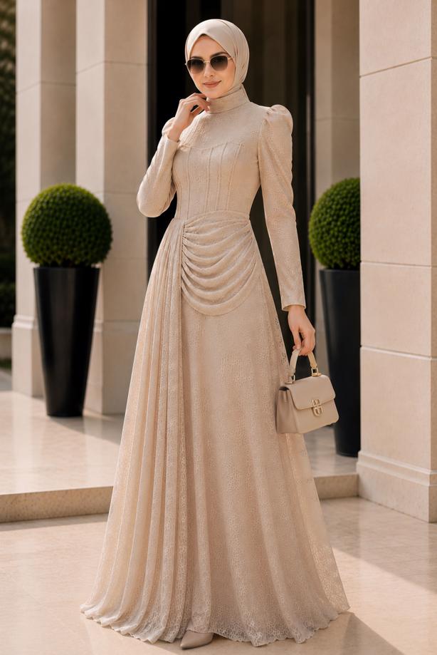 Hijab clothing CREAM CORSET DETAIL GUIPURE EVENING DRESS T 6525 - TRENDTESETTÜR