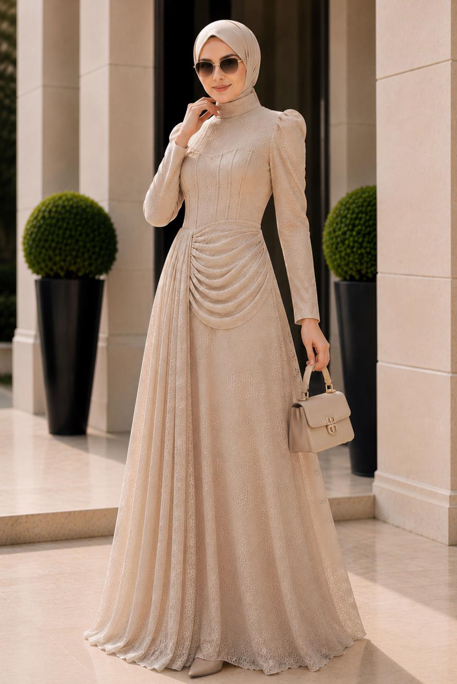 Hijab clothing CREAM CORSET DETAIL GUIPURE EVENING DRESS T 6525