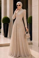 Hijab clothing CREAM CORSET DETAIL GUIPURE EVENING DRESS T 6525