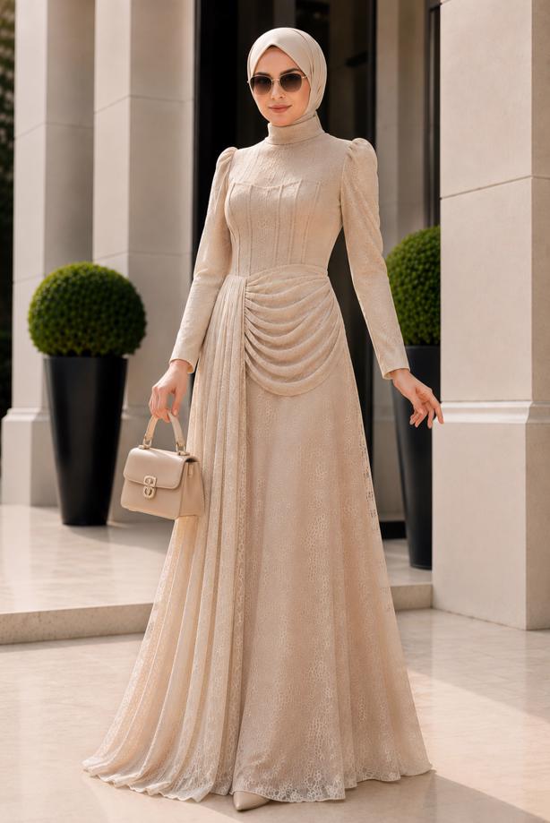 Hijab clothing CREAM CORSET DETAIL GUIPURE EVENING DRESS T 6525 - TRENDTESETTÜR