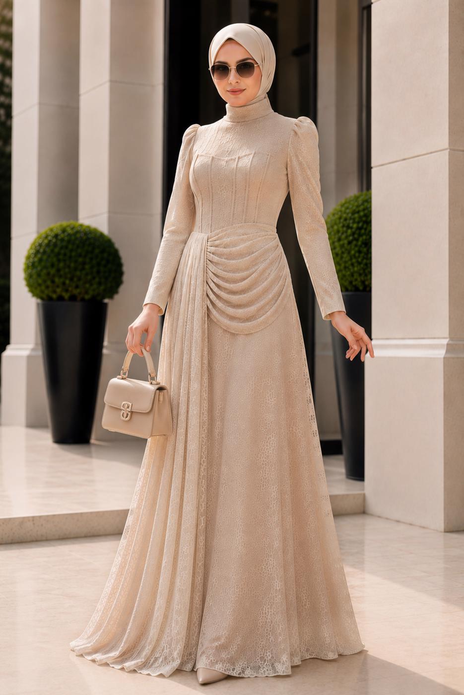 Hijab clothing CREAM CORSET DETAIL GUIPURE EVENING DRESS T 6525