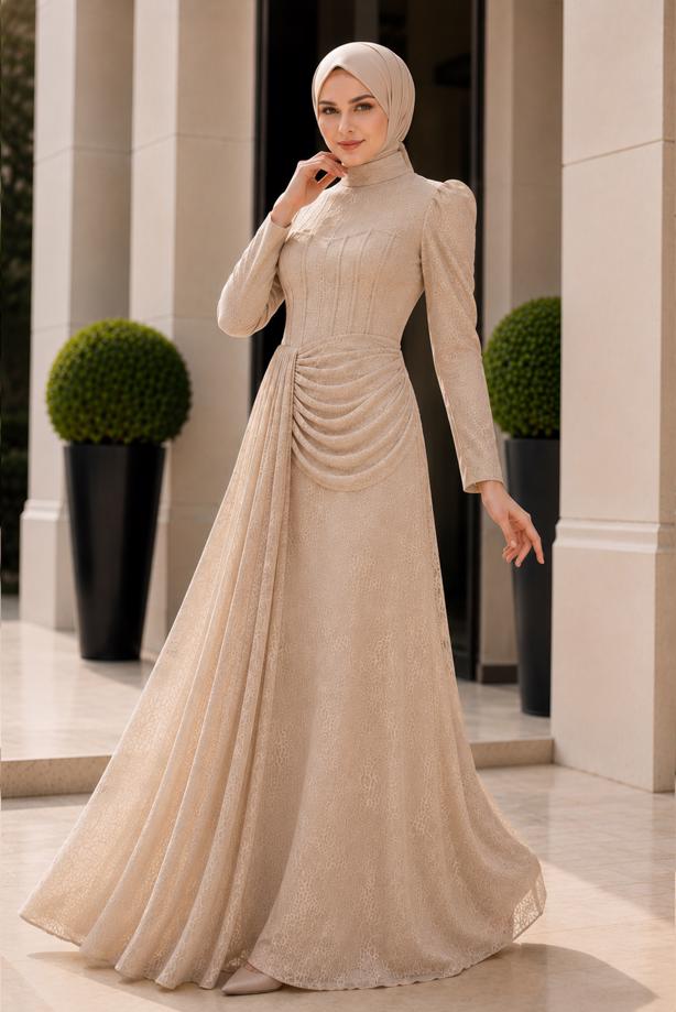 Hijab clothing CREAM CORSET DETAIL GUIPURE EVENING DRESS T 6525 - TRENDTESETTÜR